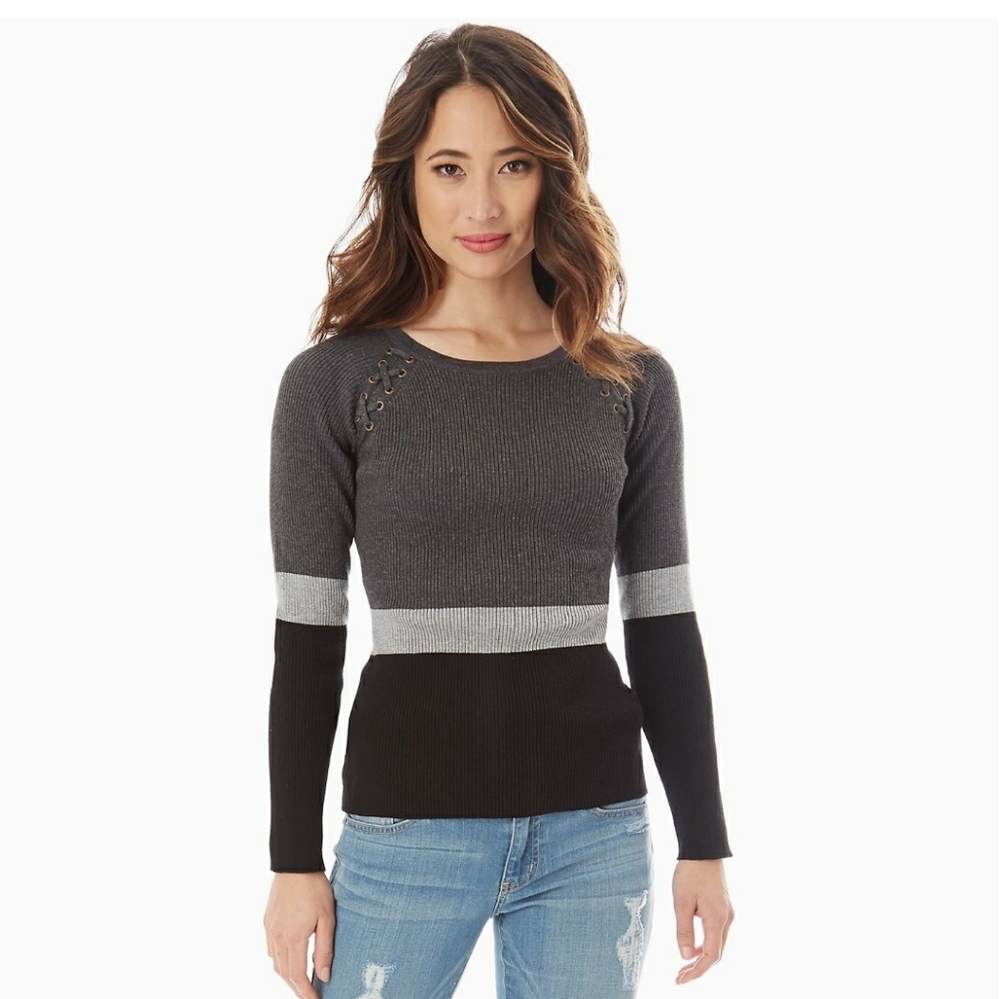 Juniors' IZ Byer Ribbed Lace-Up Shoulder Sweater